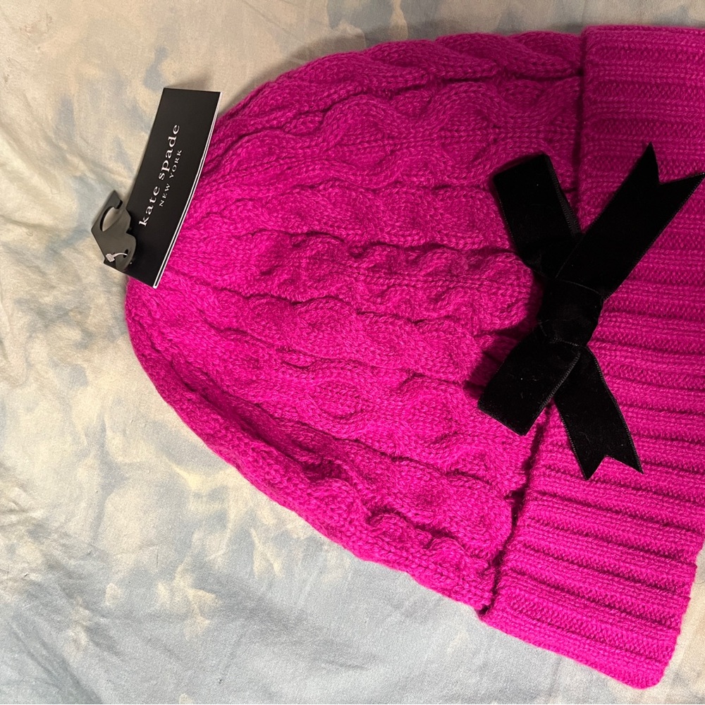 Kate Spade Fuchsia Cable Knit Beanie with Black Bow